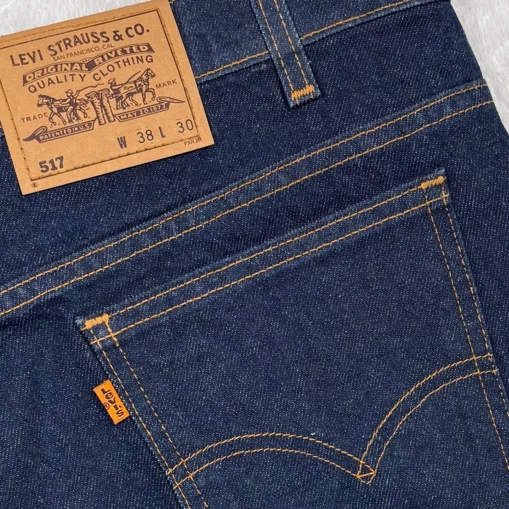 VINTAGE 90s Levis 517 Bootcut Jean Men 38x30 Dark Blue ORANGE TAB Made USA 20517